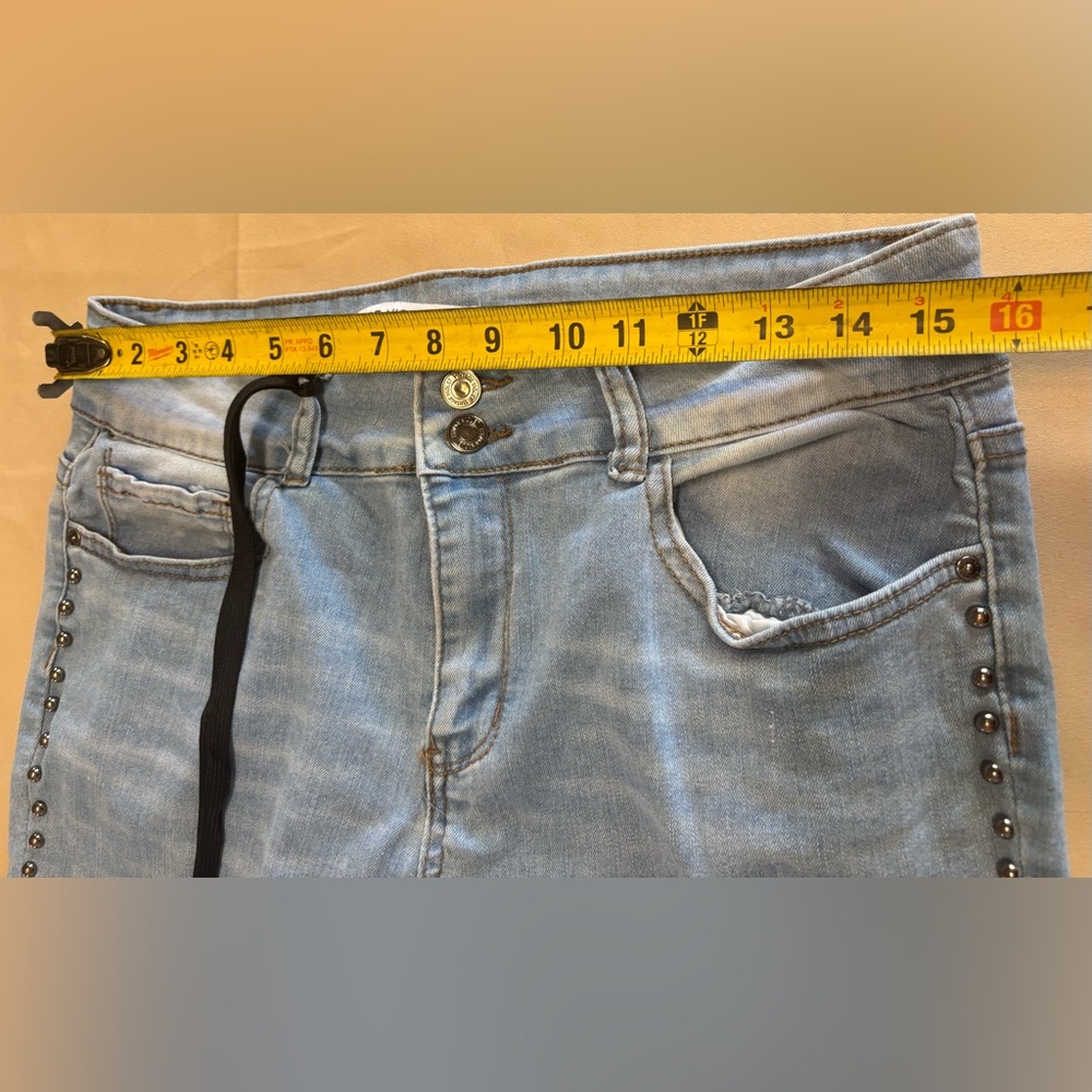 Women's Light Blue Distressed Skinny Jeans with Studded Details - Picture 7 of 15